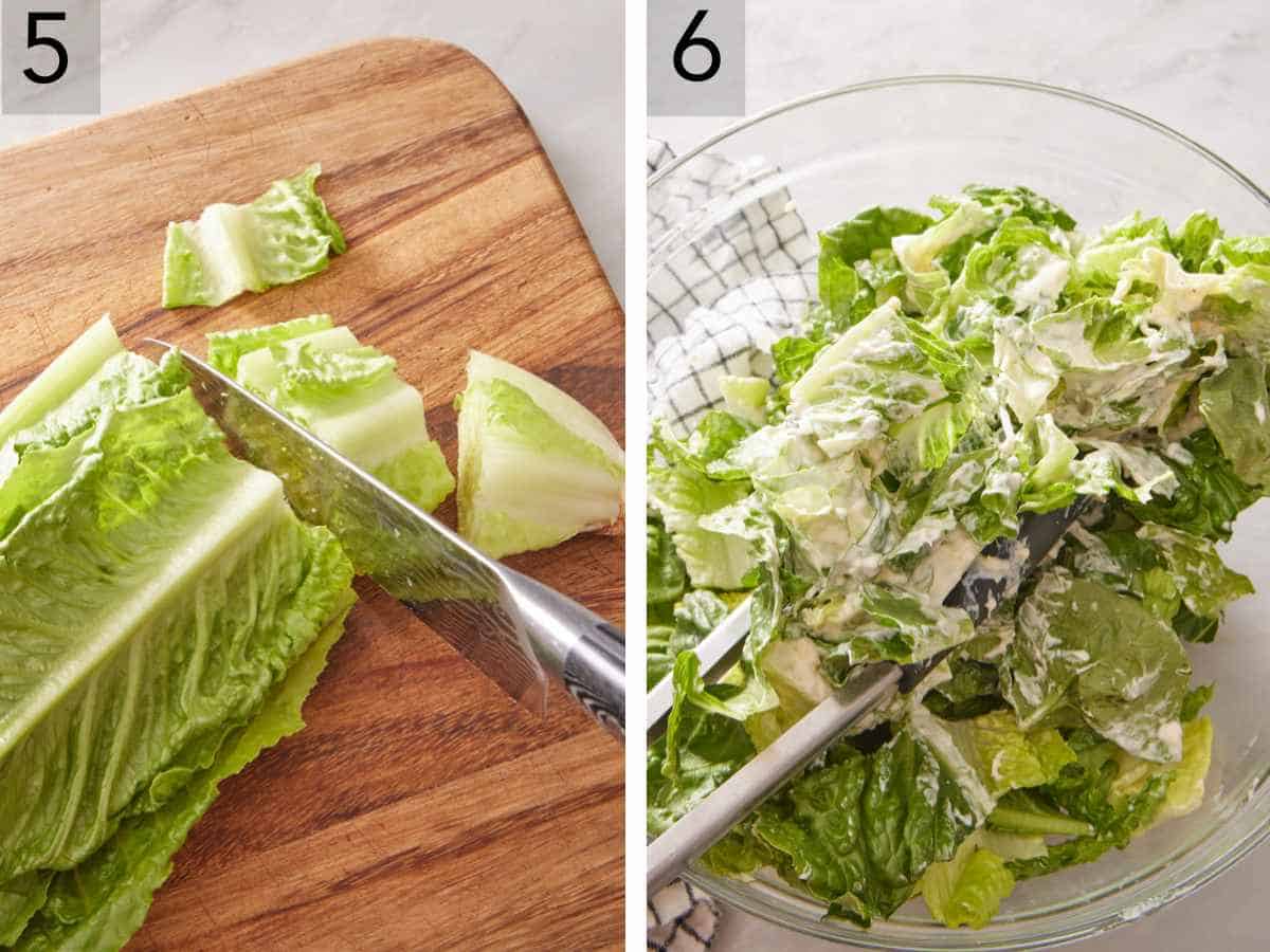 Set of two images showing lettuce cut with a chef's knife, and tossed with dressing.