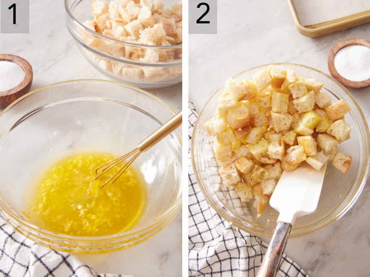 Set of two images showing olive oil and garlic whisked together, and cubed bread tossed with the garlic oil.