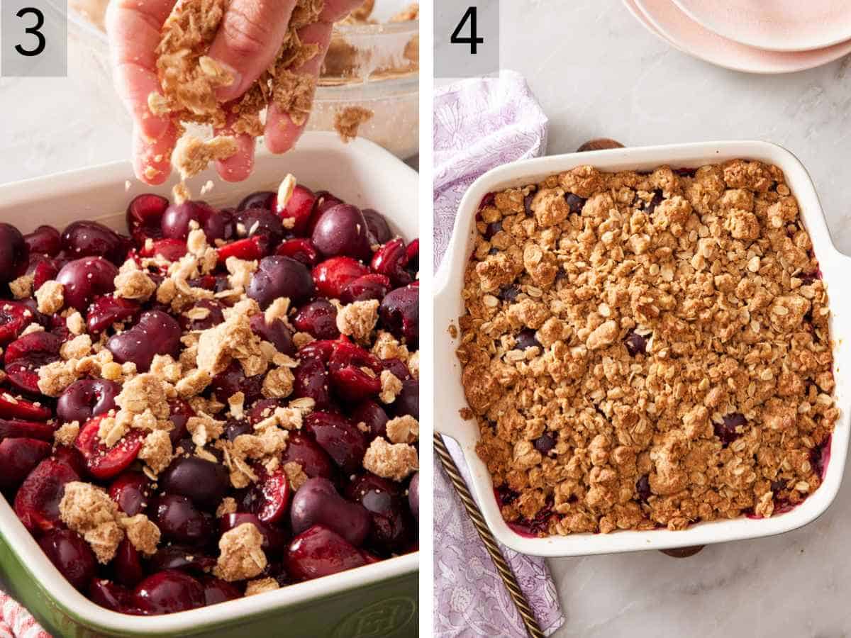 Set of two images showing oat streusel topping sprinkled over cherries in a baking dish and baked until the topping is golden brown.