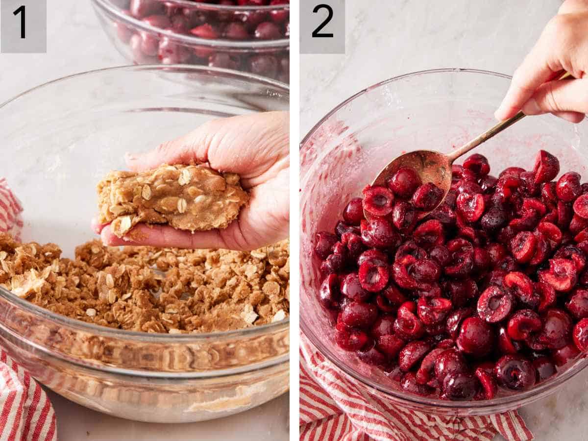 Set of two images showing oat streusel made and pitted, halved cherries mixed with lemon juice and other ingredients in a bowl.