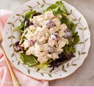 Pinterest graphic showing an overhead shot of chicken salad served over mixed greens.
