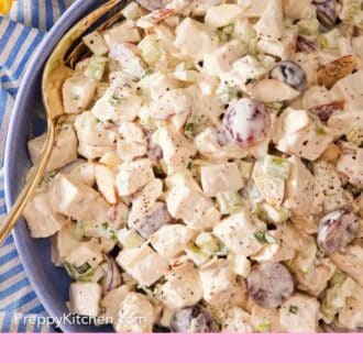 Pinterest graphic showing a close-up of homemade chicken salad.