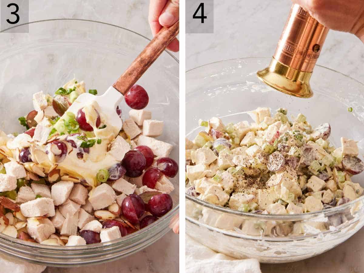 Set of two images showing salad mixed together and seasoned with extra black pepper.