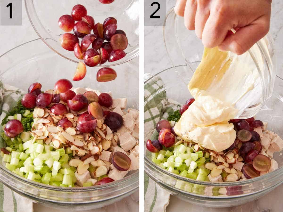 Set of two images showing chicken salad ingredients added to a bowl, followed by the dressing ingredients.