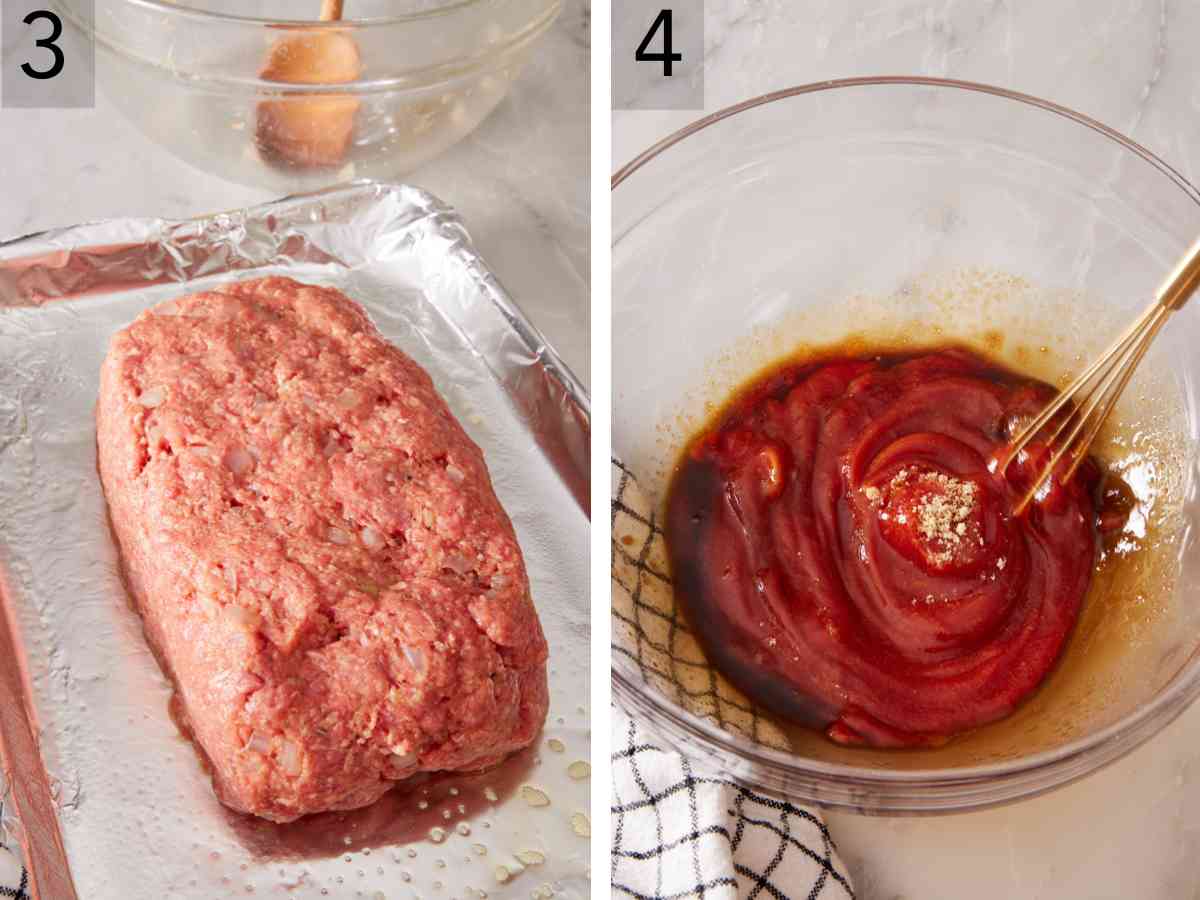 Set of two images showing shaped meatloaf on a lined sheet pan, and the glaze whisked together in a bowl.