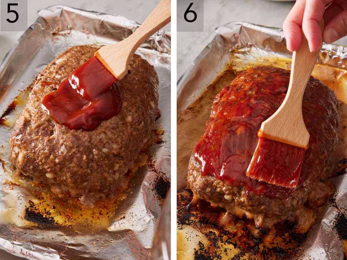 Set of two images showing initial glazing of meatloaf, and second glaze after some bake time.