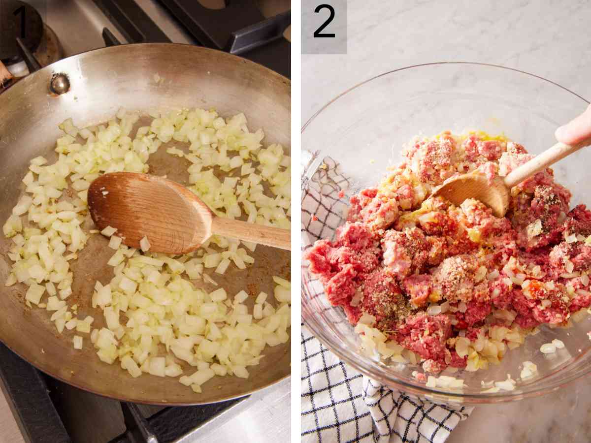 Set of two images showing onions cooked in a skillet, and ingredients mixed in a bowl.
