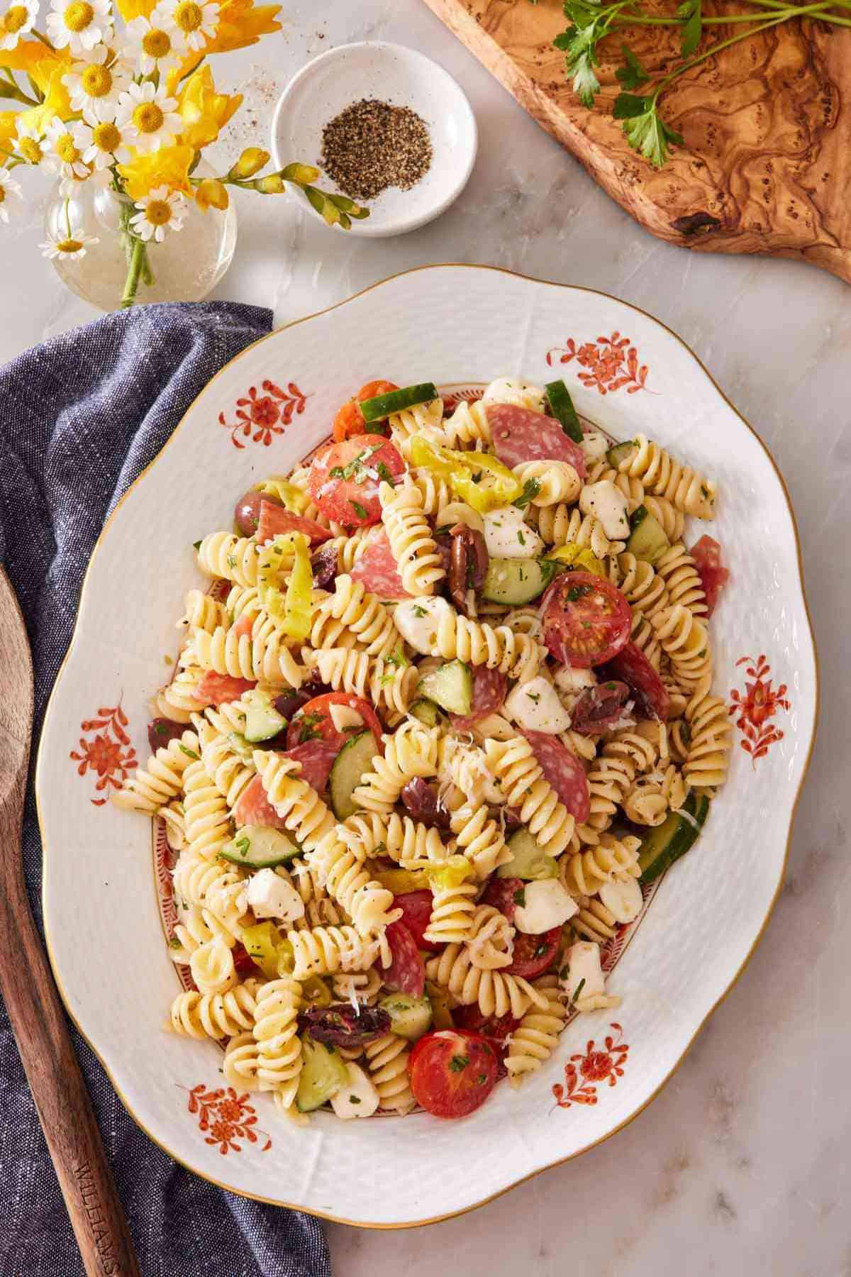 Overhead shot of a platter of rotini salad.