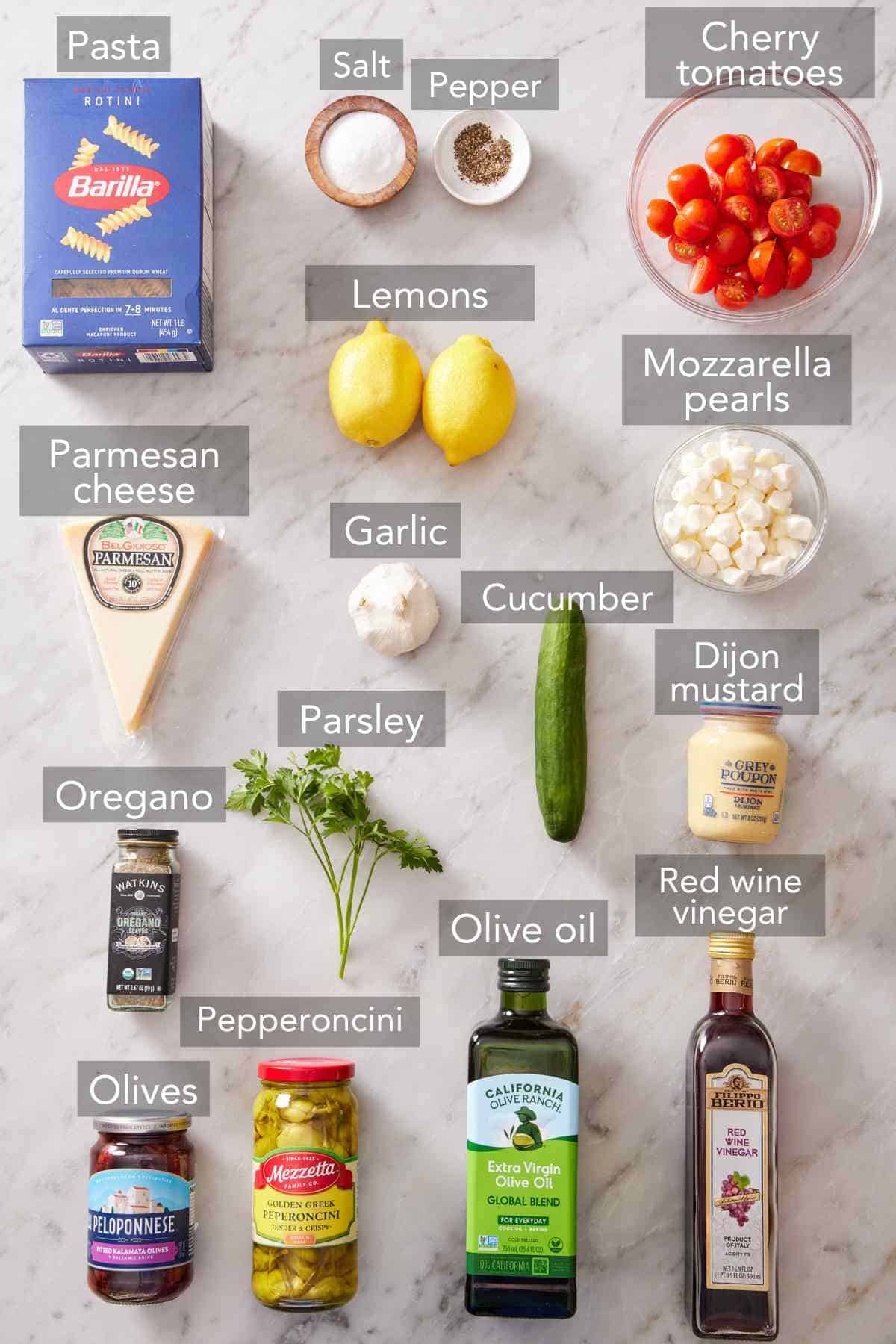 Ingredients for pasta salad.