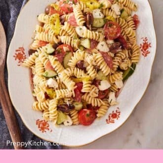Pin image showing an overhead shot of rotini salad.