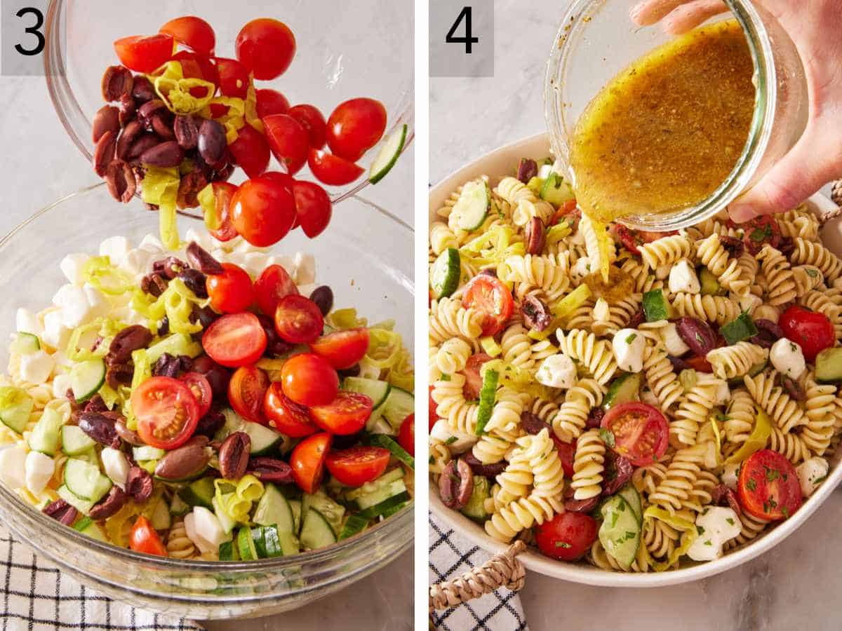Set of two images showing ingredients dropped into a bowl, and salad dressing poured over.