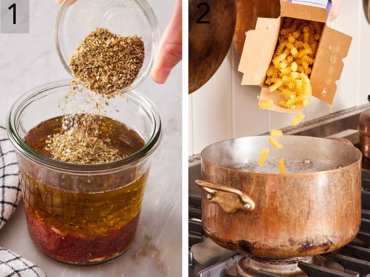Set of two images showing dressing made in a jar, and dry pasta dropped into a pot of boiling water.