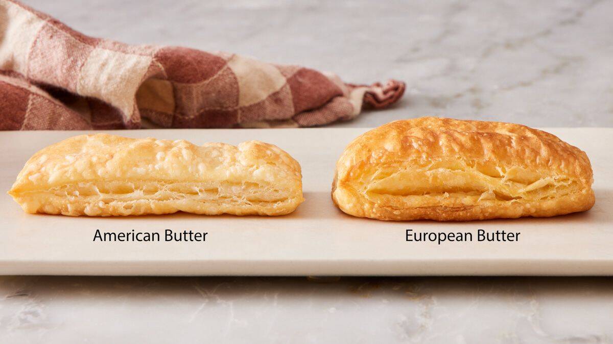 Comparison image showing puff pastry made with American butter versus European butter.