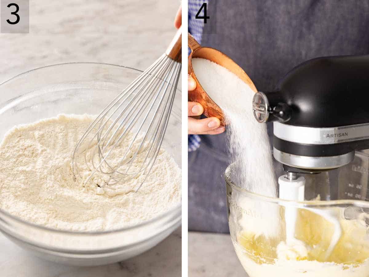 Set of two images showing dry ingredients whisked together, and wet ingredients combined in a stand mixer.