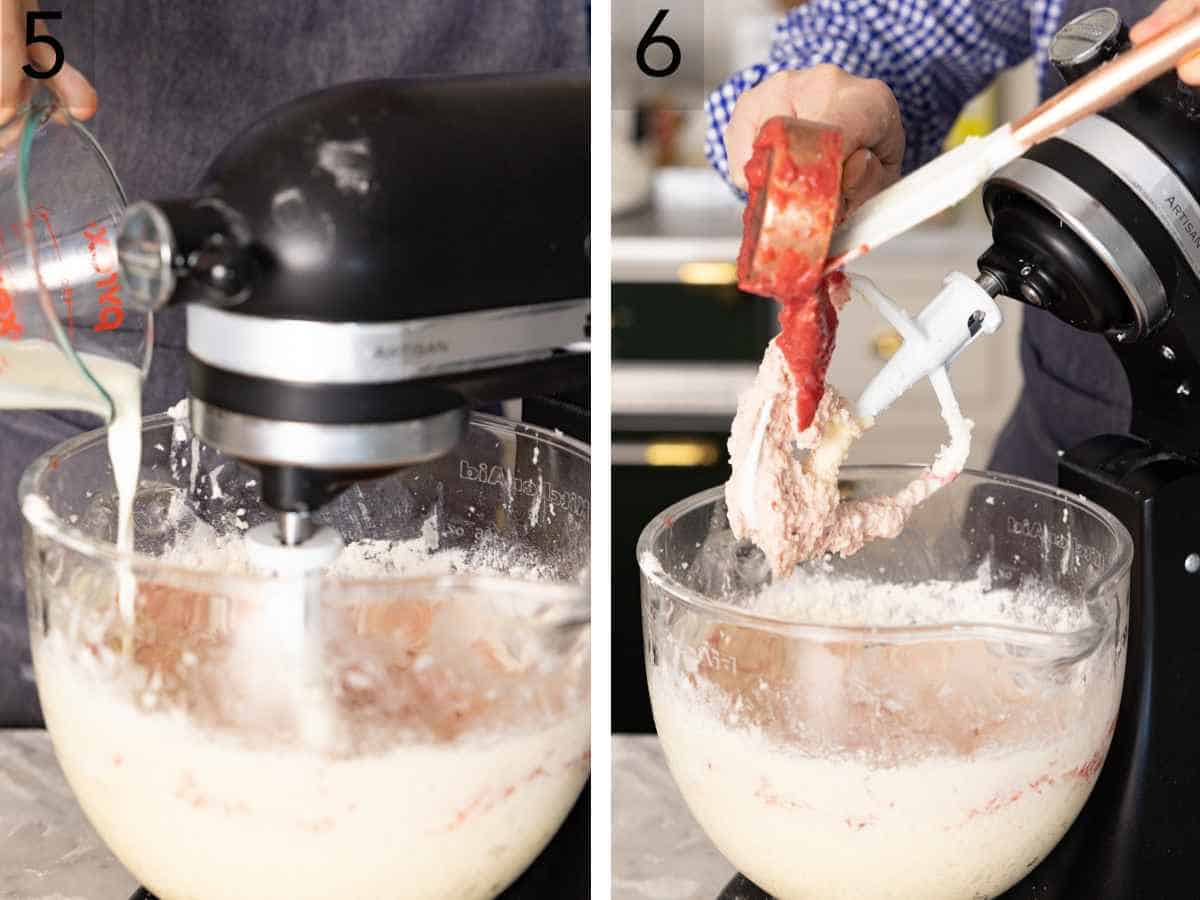 Set of two images showing milk added to stand mixer with wet ingredients and strawberry puree added.