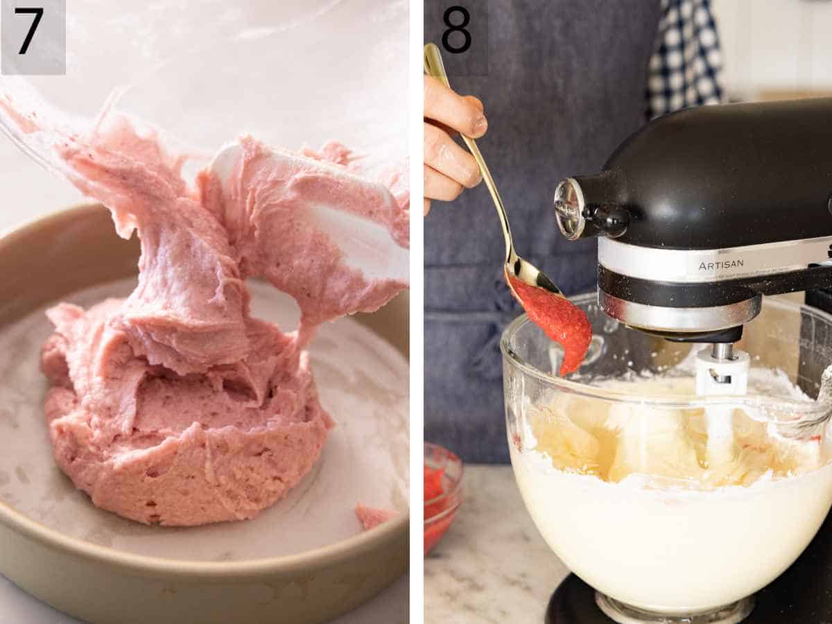 Set of two images showing cake batter added to a cake pan, and strawberry cream cheese frosting made in a stand mixer.