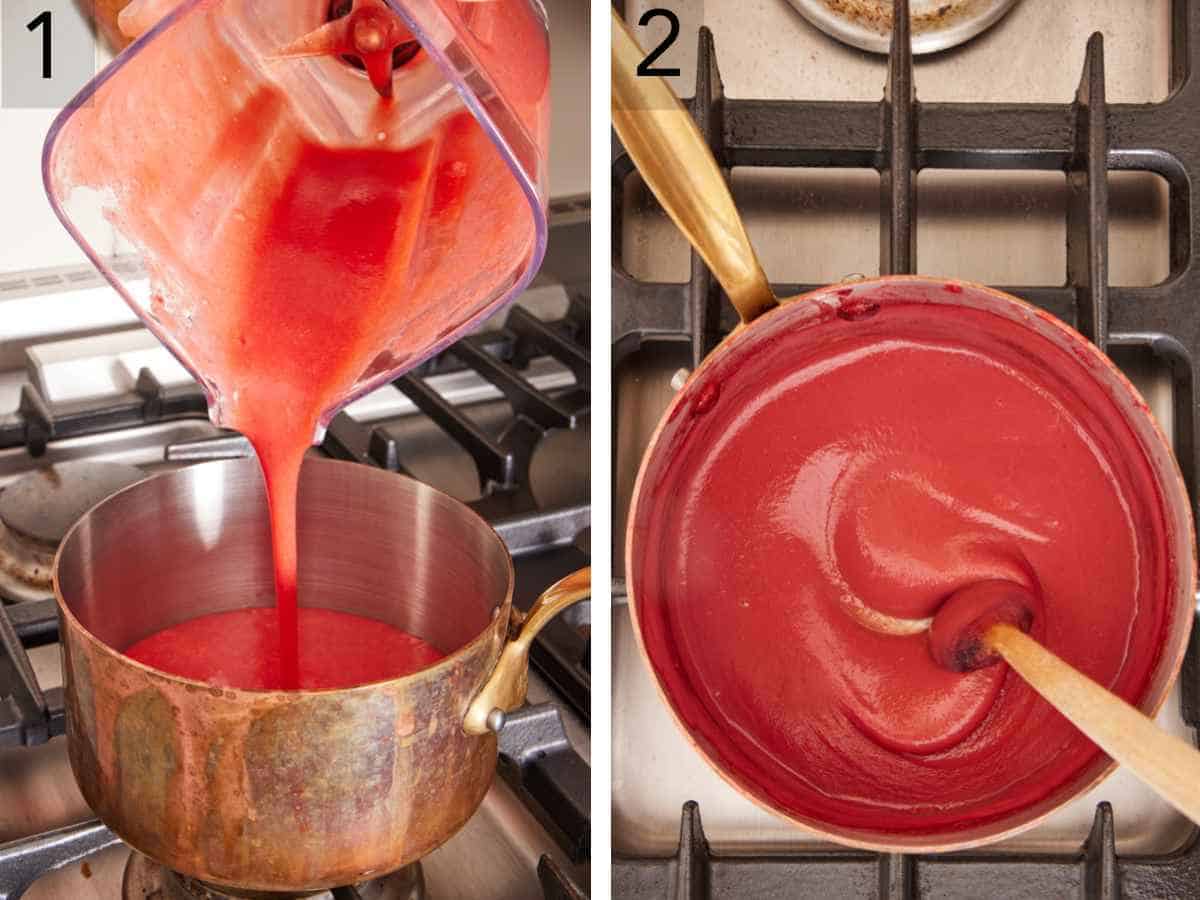 Set of two images showing blended strawberries poured into a saucepan and reduced.