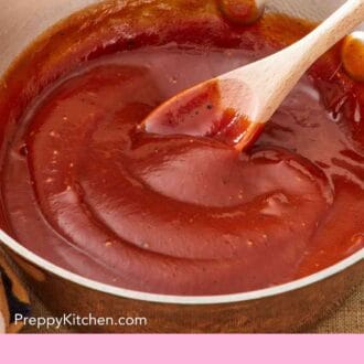 Pinterest graphic showing a saucepan containing BBQ sauce.