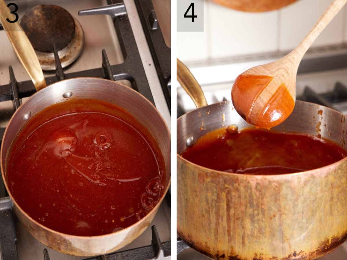 Set of two images showing barbecue sauce simmering in a saucepan until thickened.