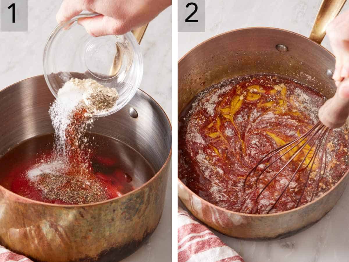 Set of two images showing BBQ sauce ingredients added to a saucepan and whisked together.
