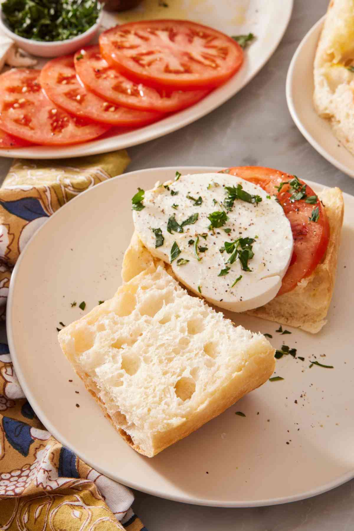 Ciabatta bread used for a tomato and fresh mozzarella sandwich.