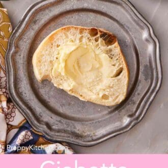 Pinterest graphic showing a buttered slice of ciabatta.