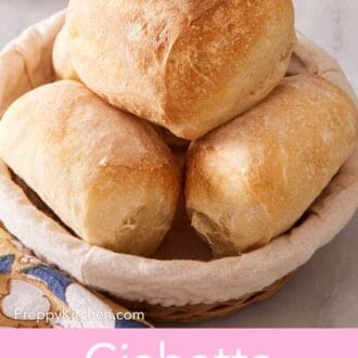 Pinterest graphic showing a basket of ciabatta rolls.