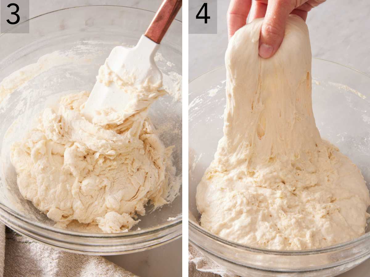 Set of two images showing ciabatta dough made and a series of folds performed.