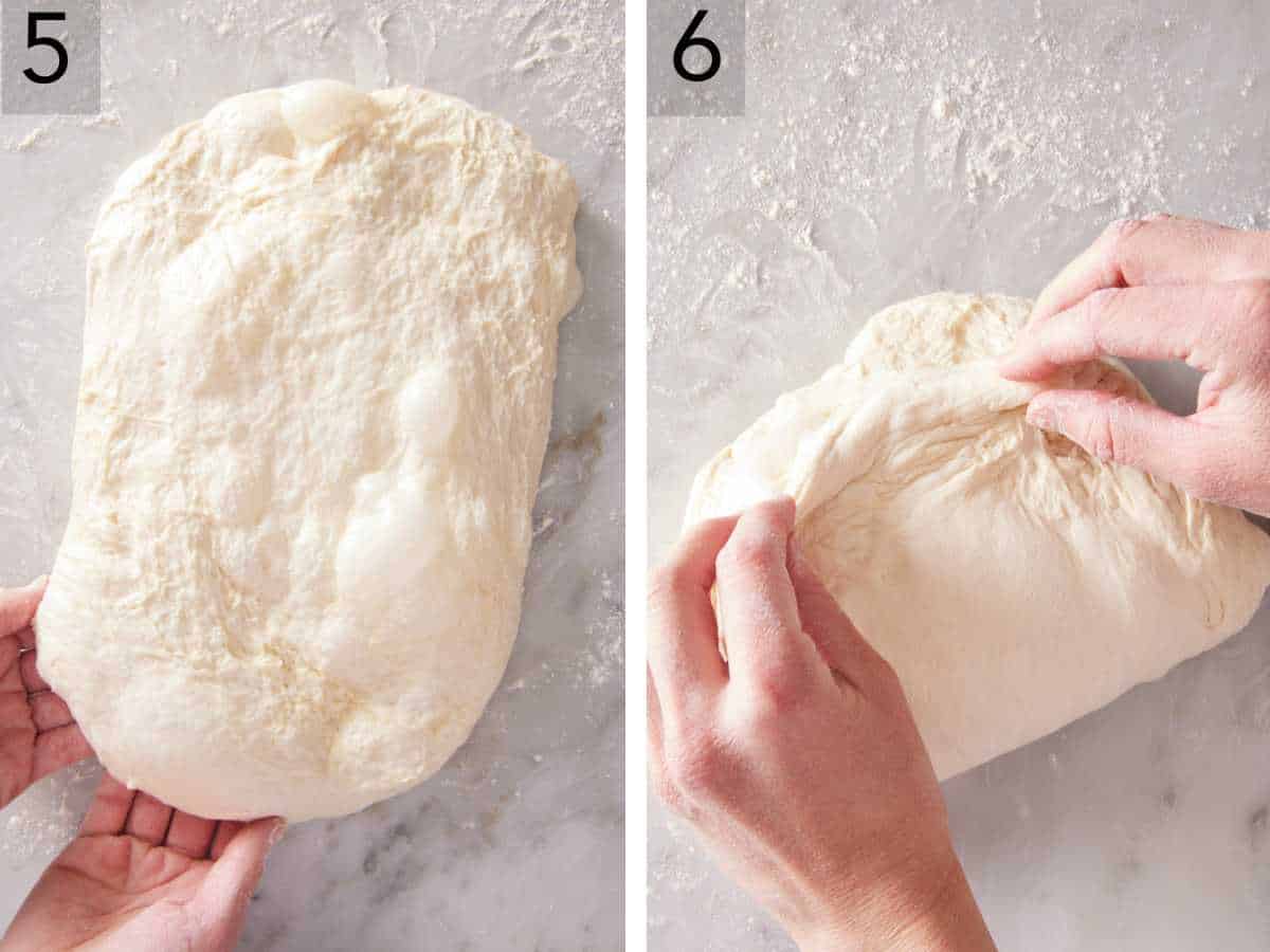 Set of two images showing dough stretched into a rectangle, then folded and the seams pinched.