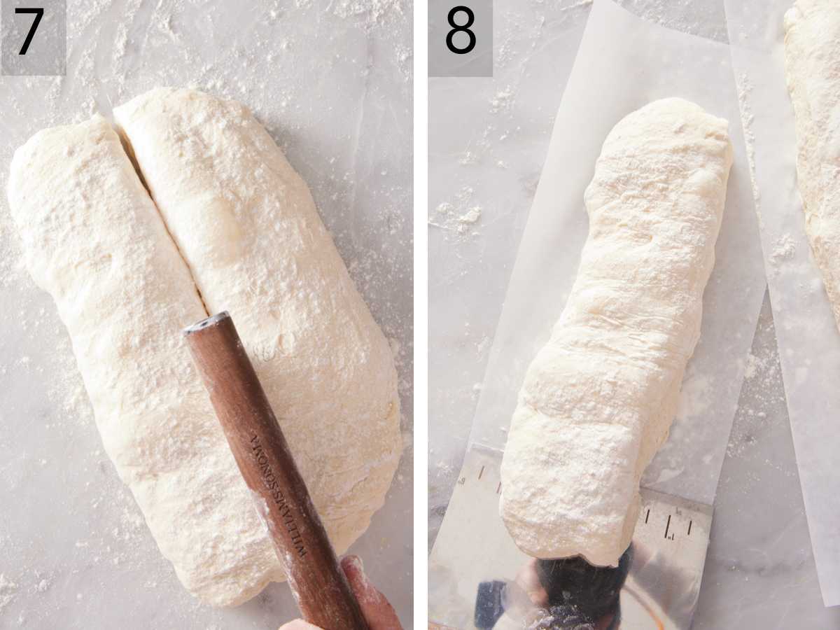Set of two images showing the rectangular dough cut in half vertically, and each dough loaf placed on parchment paper.