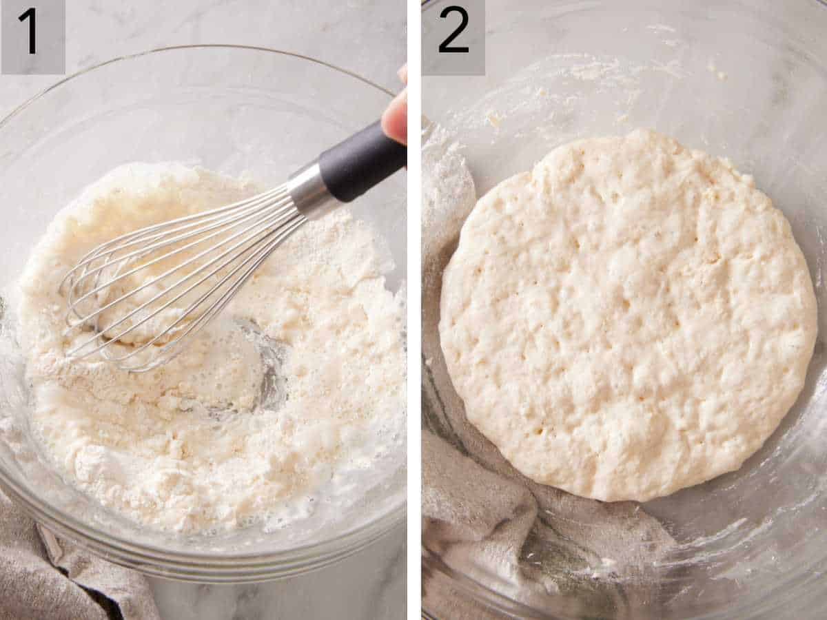 Set of two images showing yeast prepared and how it looks after fermentation.