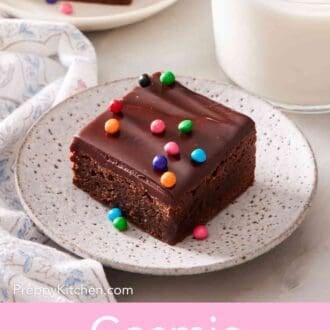 Pinterest graphic showing a cosmic brownie on a plate next to a glass of milk.