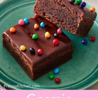 Pinterest graphic showing two cosmic brownies on a green plate.