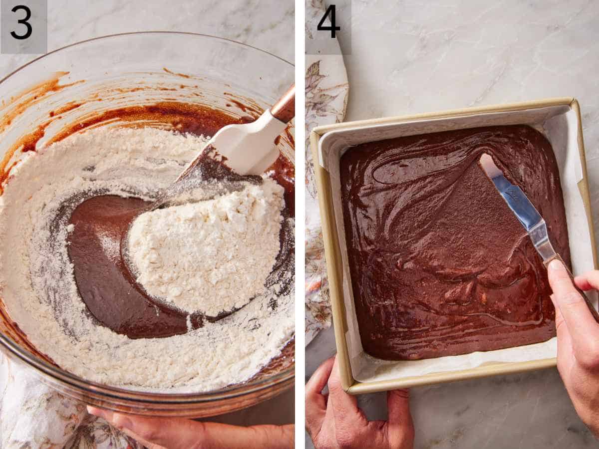 Set of two images showing flour folded into other ingredients and batter spread into a pan.