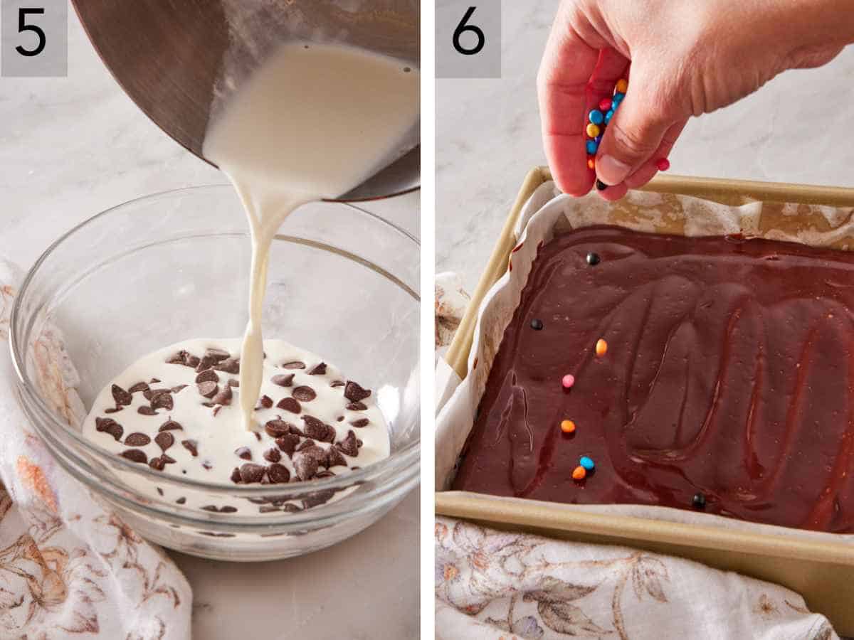 Set of two images showing chocolate ganache made in a bowl, and candy-coated chips sprinkled over frosted cosmic brownies.