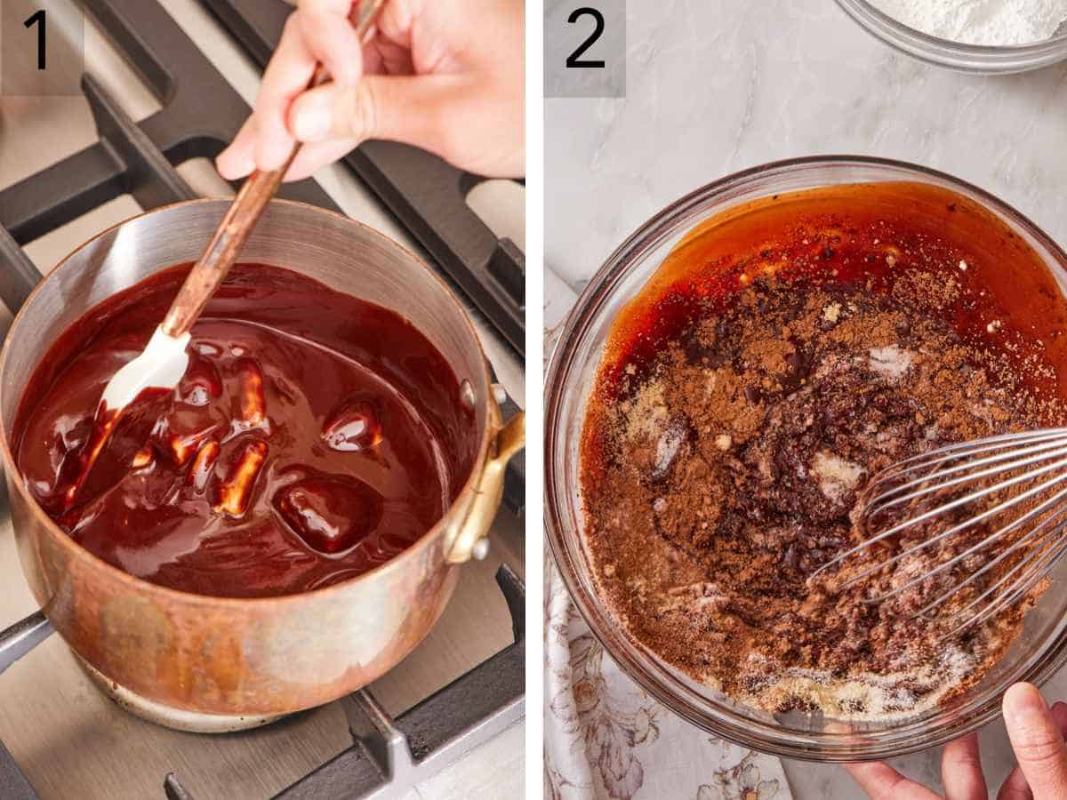 Set of two images showing chocolate and butter melted in a saucepan, then poured into a bowl and whisked with other ingredients.