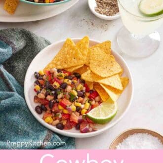 Pinterest graphic showing a bowl of Texas caviar with chips and lime.