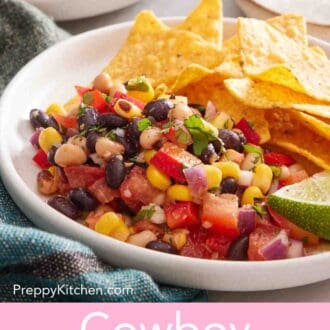 Pinterest graphic showing a close-up of Texas caviar in a white bowl with chips. More Texas caviar and salt in the background.