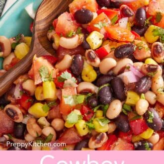 Pinterest graphic showing a close-up of cowboy caviar with a wooden spoon.