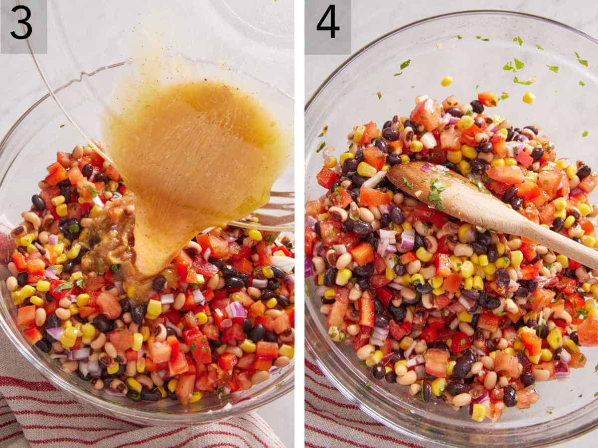 Set of two images showing dressing poured over the ingredients, and everything stirred together.