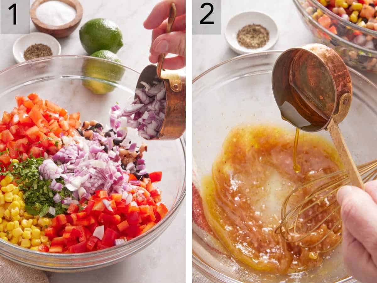 Set of two images showing Texas caviar ingredients added to a bowl, and dressing made in a separate bowl.