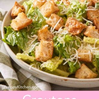 Pinterest graphic showing croutons recipe used to top Caesar salad.