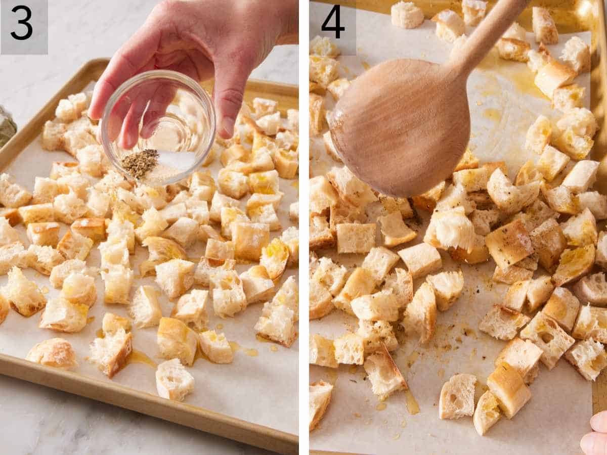 Set of two images showing seasonings sprinkled over bread and stirred to coat all the bread.
