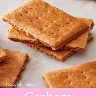 Pinterest graphic showing a close up of graham crackers stacked.