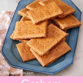 Pinterest graphic showing graham crackers on a blue platter.