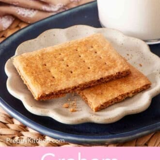 Pinterest graphic showing two graham crackers on a small serving plate with a glass of milk next to it.