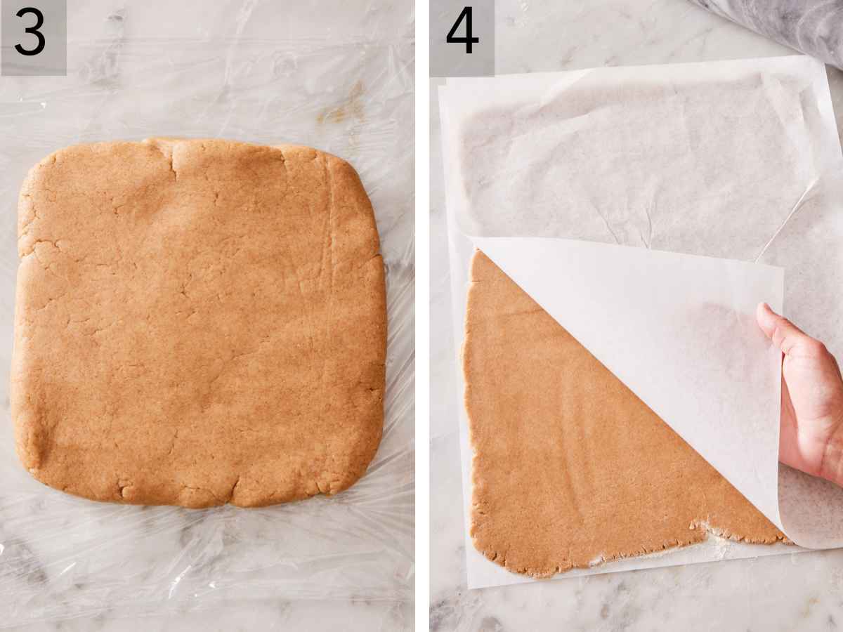 Set of two images showing dough shaped into a square, then rolled flat out between sheets of parchment paper.