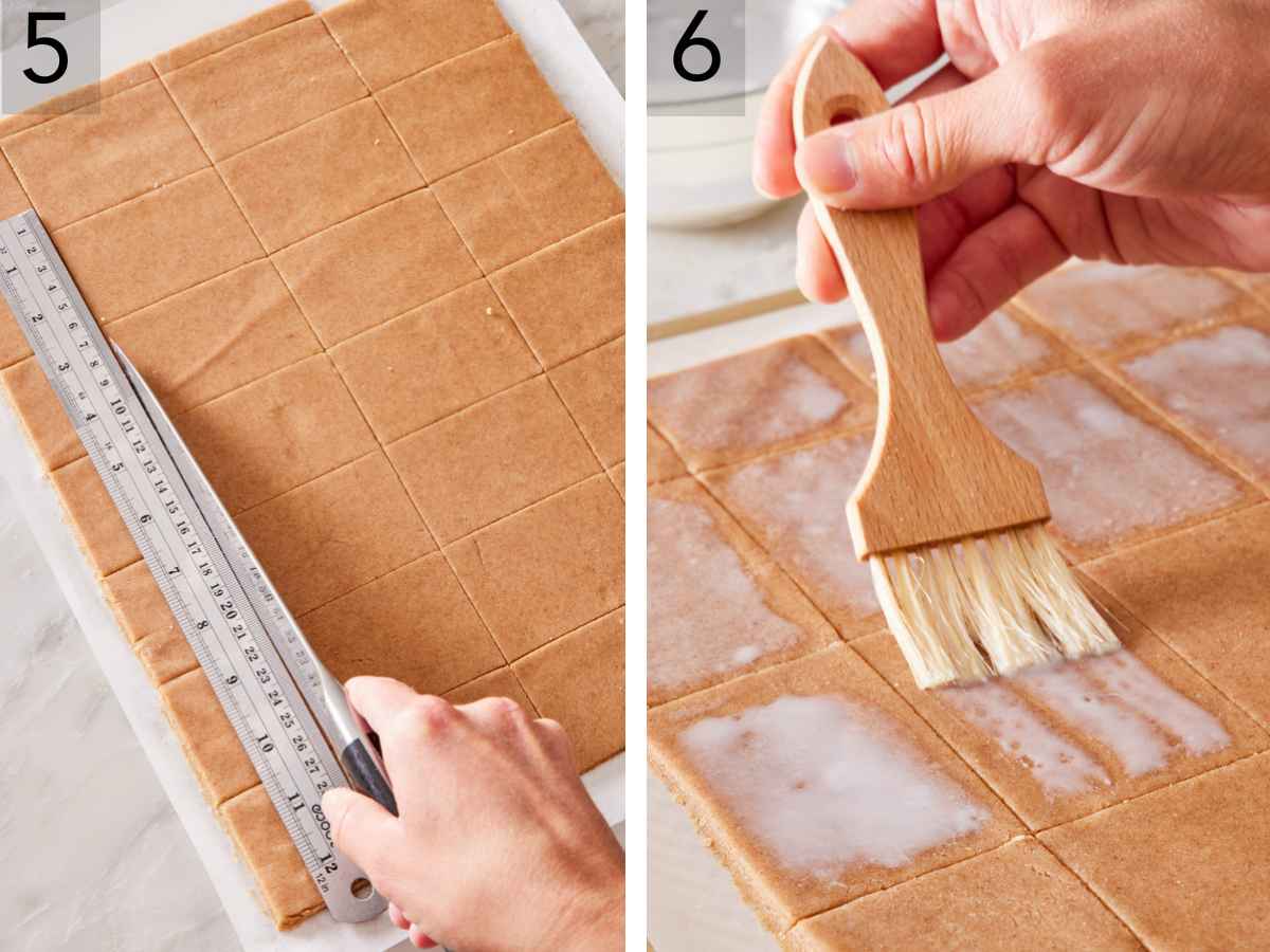 Set of two images showing rectangles marked into the dough, and then brushed with milk.