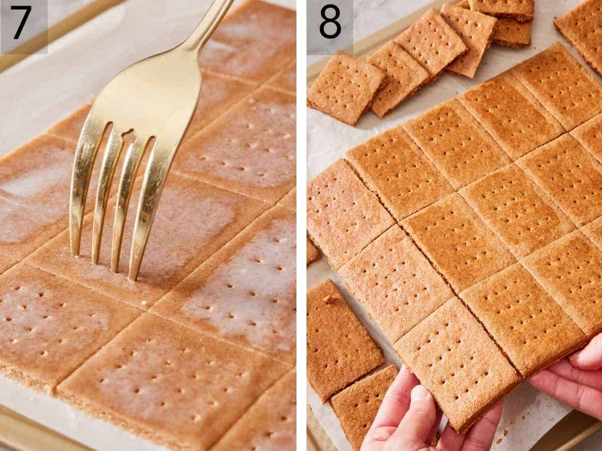 Set of two images showing dough pierced with a fork before baking, and snapped along the lines after baking.