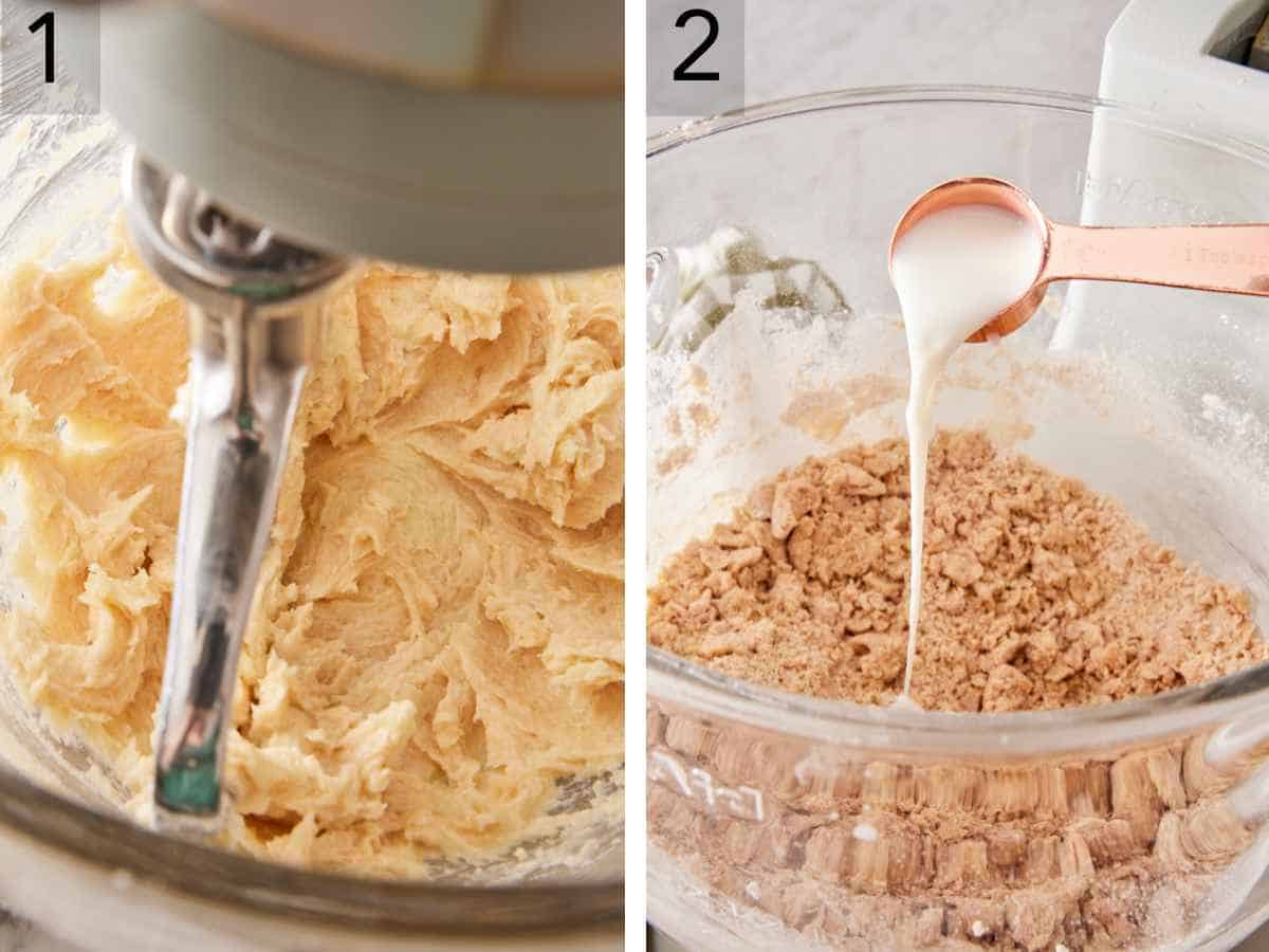 Set of two images showing wet ingredients in a stand mixer, and dry ingredients in a large bowl with milk poured over.